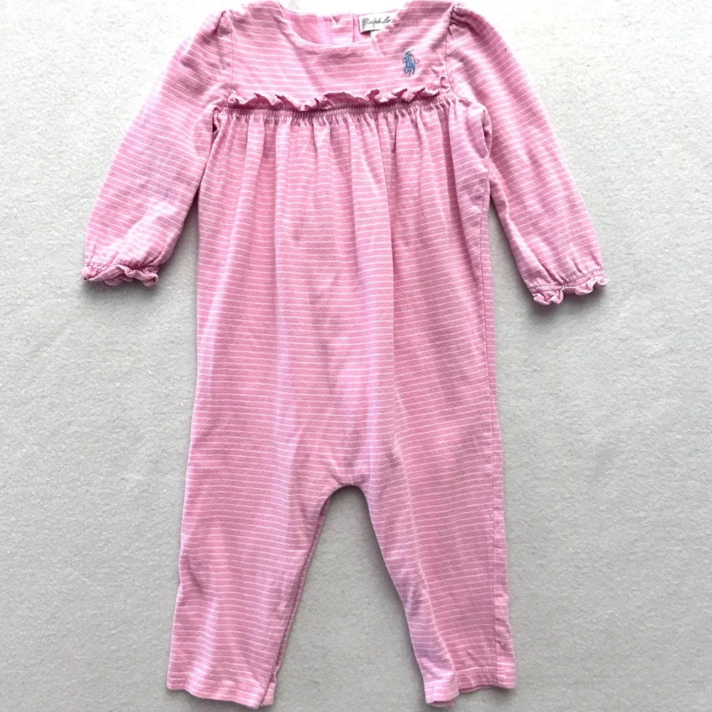 Ralph Lauren Baby Girl 9M Striped Ruffle Cotton Coverall Romper Pink White Snap